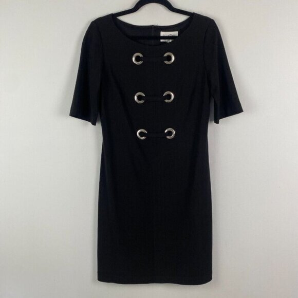 Joseph Ribkoff Stretch Fitted Dress Size 8 Black Silver Eyelets Half Sleeve - Picture 1 of 11